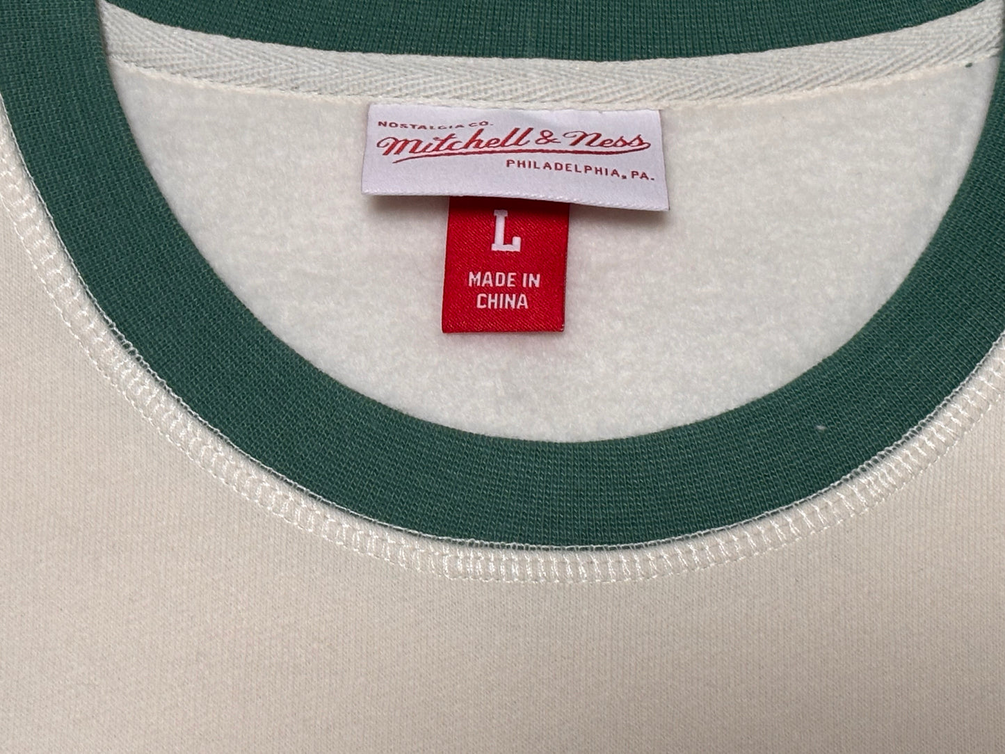 Mitchell & Ness Branded Sports Athletic Goods Pullover Long Sleeve Tee T Sweat Shirt Sweater Fleece White Cream Green Striped Trim Men’s Large L New NWOT