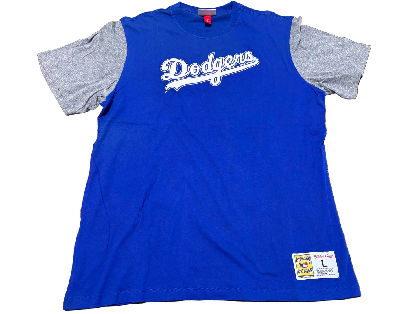 Los Angeles LA Dodgers Mitchell & Ness MLB Baseball Cooperstown Collection Big Face Team Logo Blocked Short Sleeve T Tee Shirt Royal Blue Heather Gray Mens Large L New NWOT