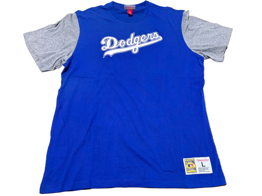 Los Angeles LA Dodgers Mitchell & Ness MLB Baseball Cooperstown Collection Big Face Team Logo Blocked Short Sleeve T Tee Shirt Royal Blue Heather Gray Mens Large L New NWOT