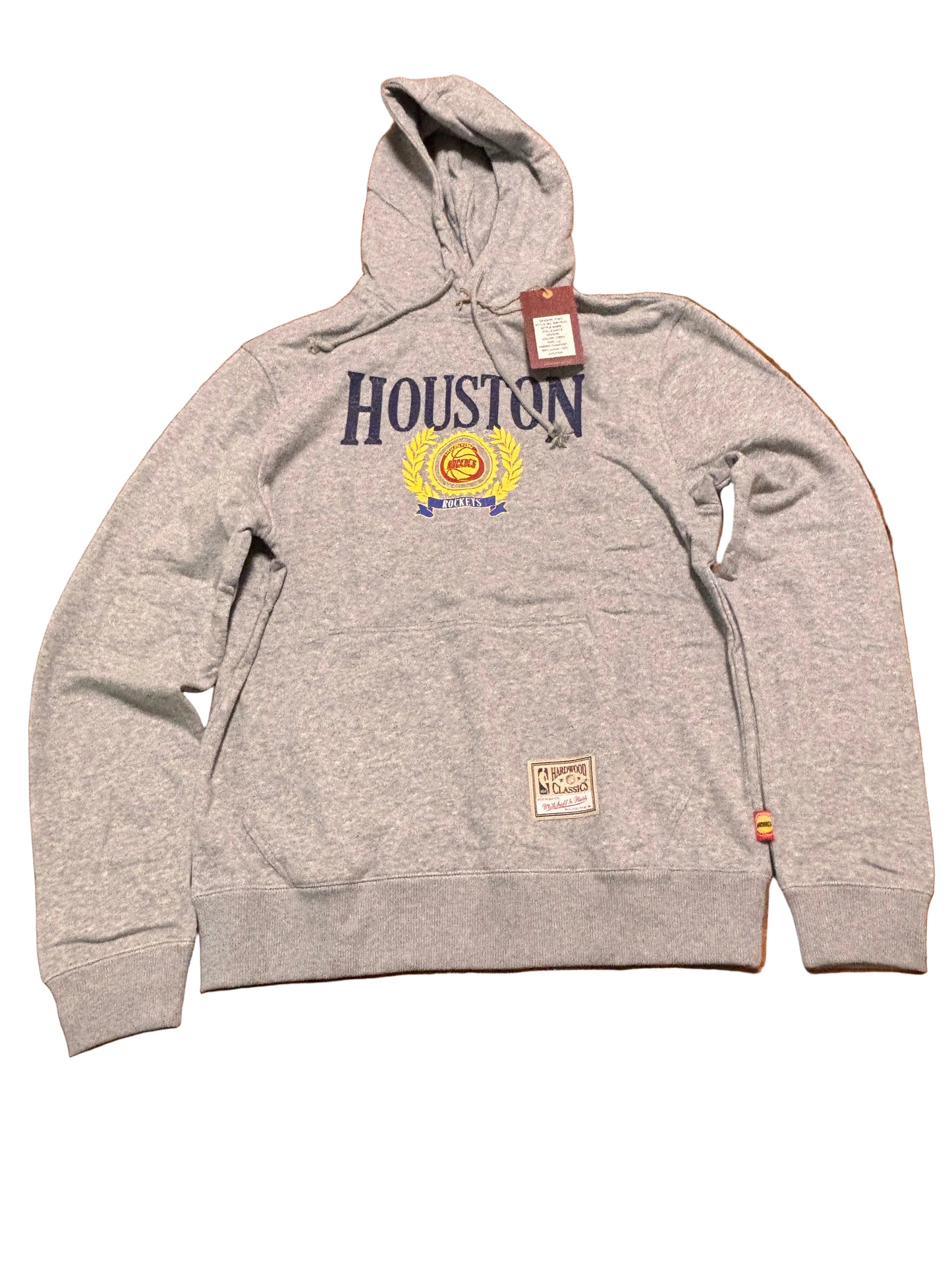 Houston Rockets Mitchell & Ness NBA Retro Hardwood Classic HWC City College Collegiate Style Long Sleeve Hooded Hood Pullover Soft Sweat Shirt Heather Gray Men’s Large L New NWT
