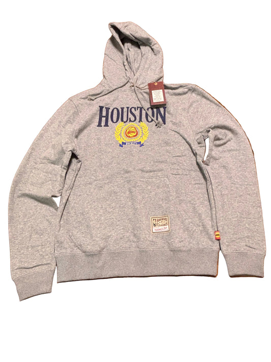 Houston Rockets Mitchell & Ness NBA Retro Hardwood Classic HWC City College Collegiate Style Long Sleeve Hooded Hood Pullover Soft Sweat Shirt Heather Gray Men’s Large L New NWT