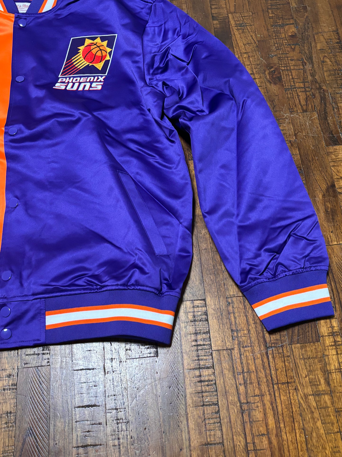 Phoenix Suns Mitchell & Ness NBA Retro Hardwood Classic HWC Split Satin Full Snap Lightweight Bomber Jacket Orange Purple Mens L Large New NWOT