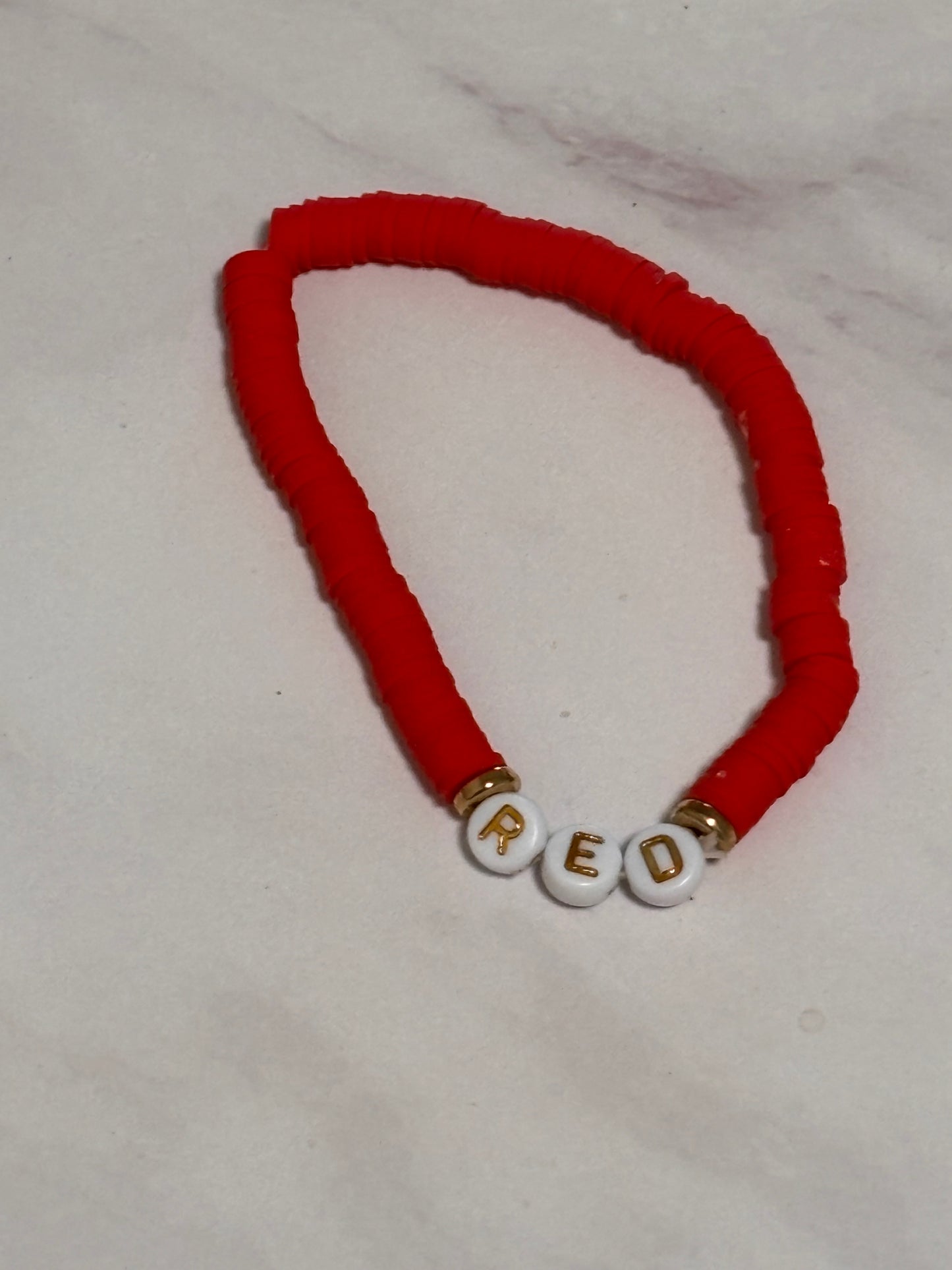Red Red Heishi Word Bracelet 7 Inch Polymer Clay Gold White Letter Beads
