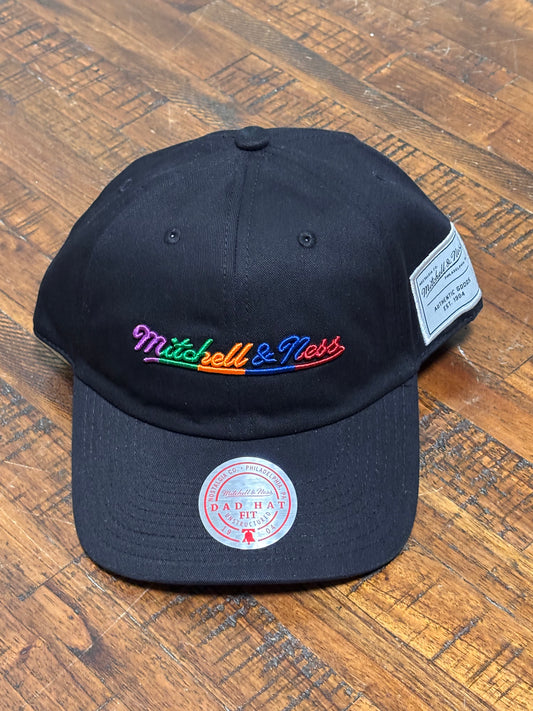 Mitchell & Ness Branded Vintage Pinscript Essential Strapback Adjustable Dad Hat Fit Cap Black Rainbow New