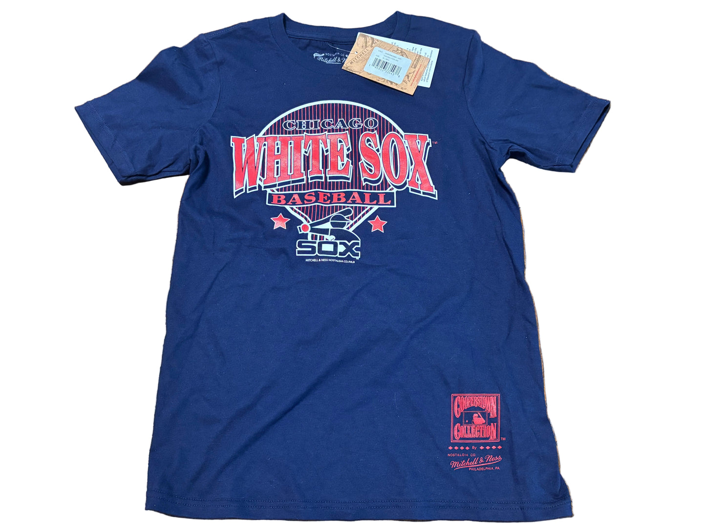 Chicago White Sox Mitchell & Ness Cooperstown Collection MLB Baseball Big Face Logo Team Origins Short Sleeve Shirt T-Shirt Navy Blue Red Youth Kids Medium M 10-12 New NWT