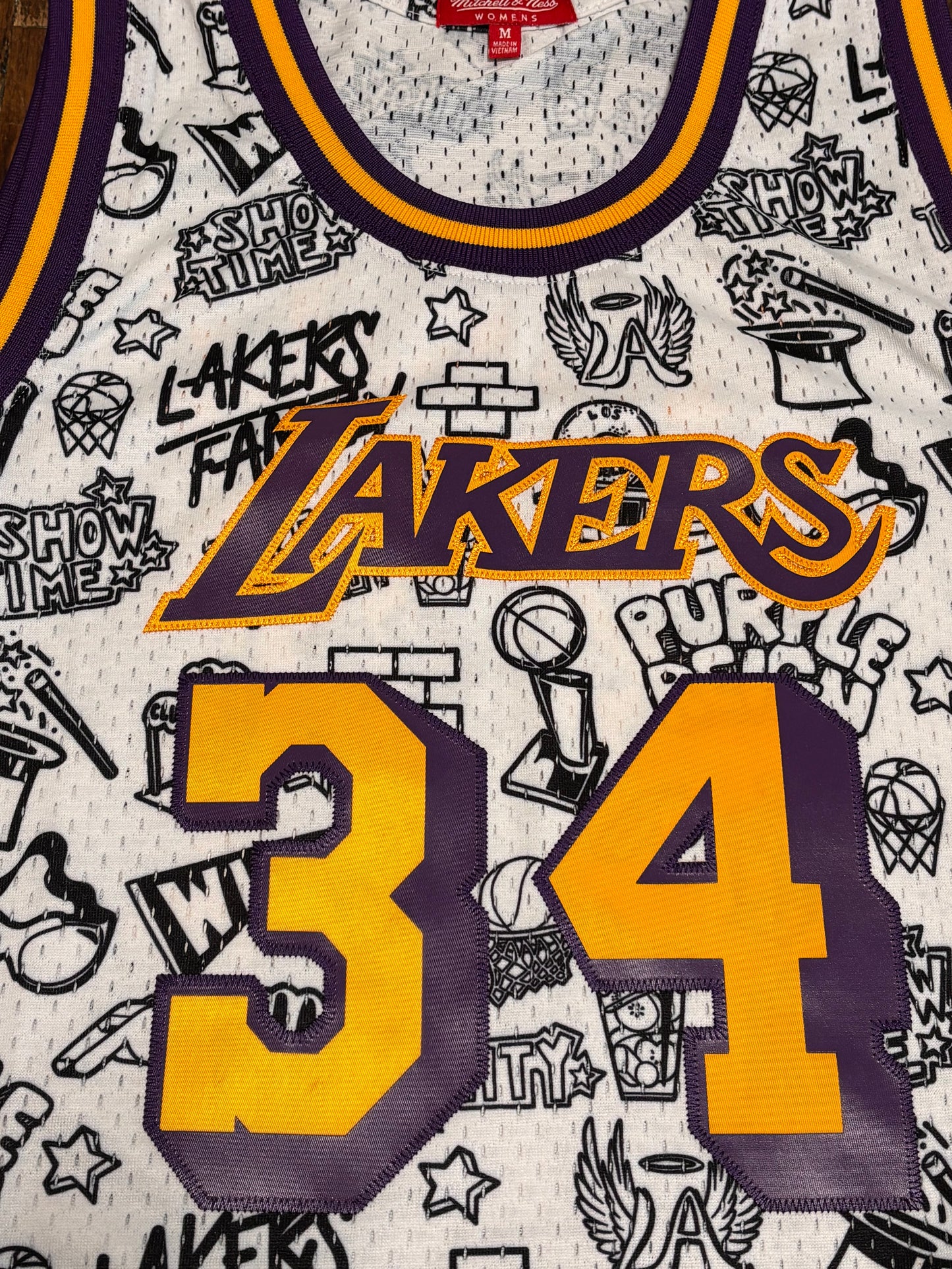Shaq Shaquille O’Neal Los Angeles LA Lakers Mitchell & Ness HWC Hardwood Classic Doodle Swingman Nba Retro Jersey White Women Medium M New NWOT