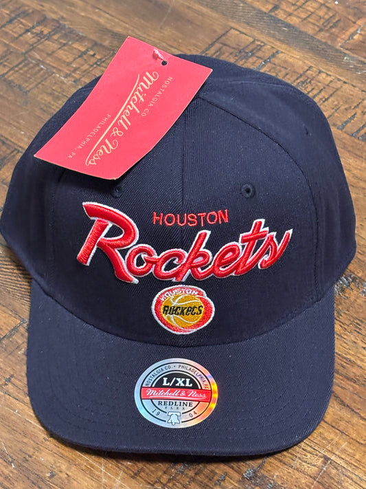 Houston Rockets Mitchell & Ness NBA Basketball HWC Hardwood Classics Foundation Script Redline Flex Fitted Hat Cap Red Black Gold New NWT