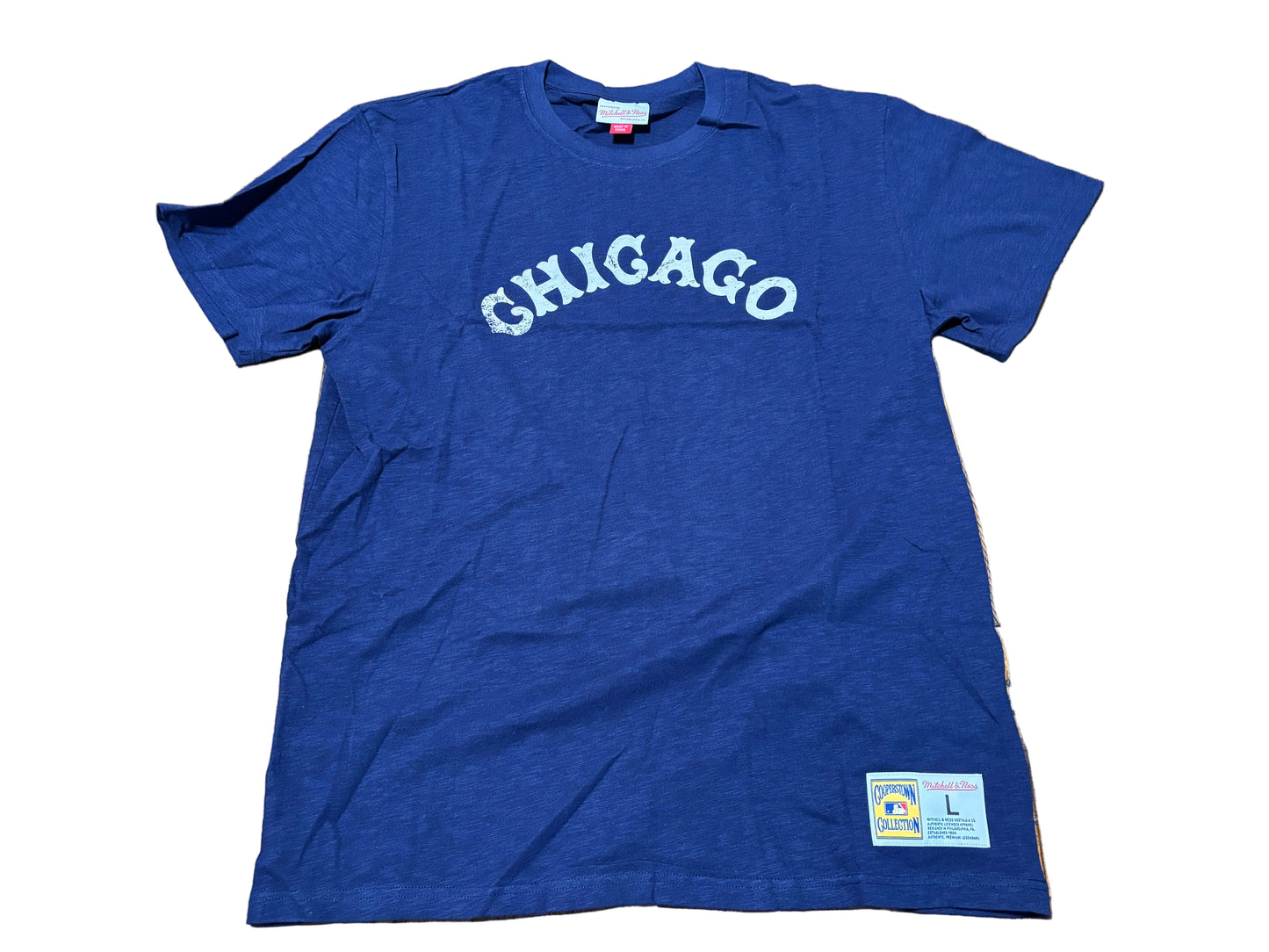 Chicago White Sox Mitchell & Ness Cooperstown Collection MLB Baseball Big Face Logo Team Origins Short Sleeve Shirt T-Shirt Navy Blue Men’s Large L New NWOT