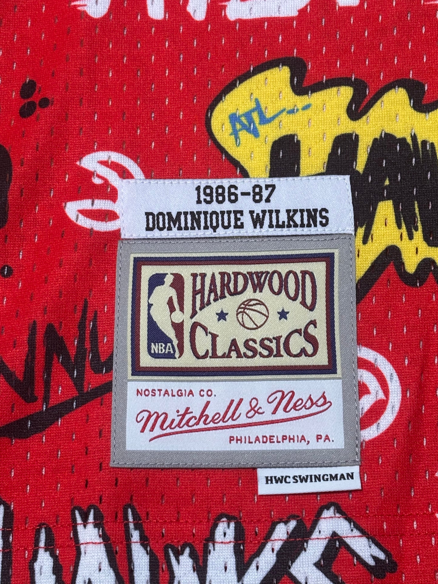 Dominque Wilkins Atlanta Hawks Mitchell & Ness Hardwood Classic HWC NBA Retro Swingman 1986-87 Slap Sticker Graffiti Red White Jersey Men’s Large L New NWOT