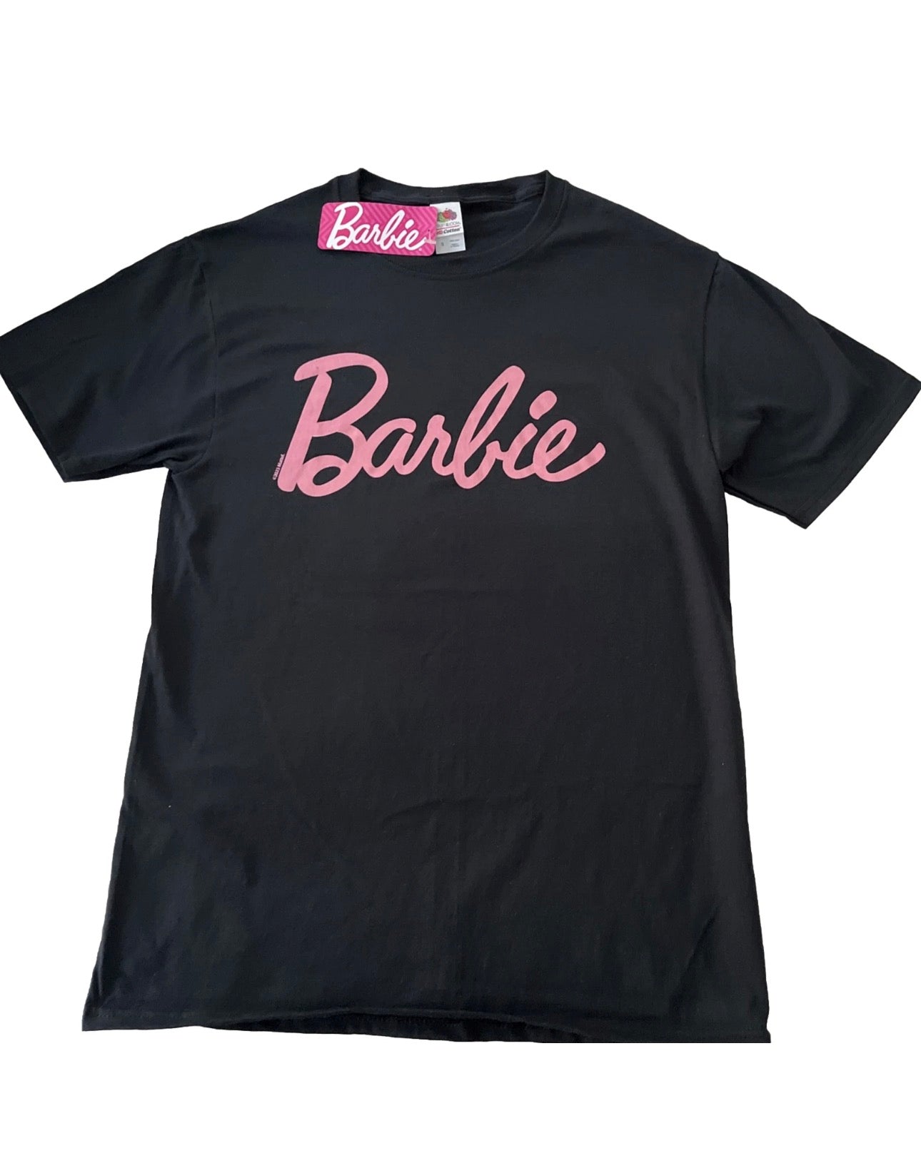 Barbie Fruit of the Loom Mattel T Shirt Women Pink On Black Tee Retro Logo Cotton NWT New