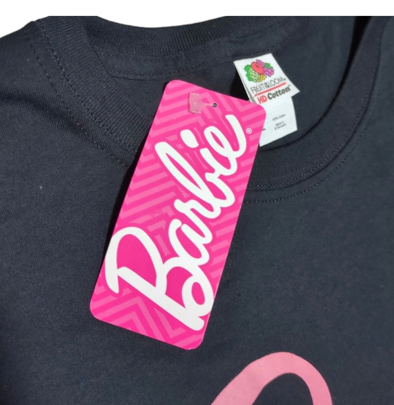 Barbie Fruit of the Loom Mattel T Shirt Women Pink On Black Tee Retro Logo Cotton NWT New