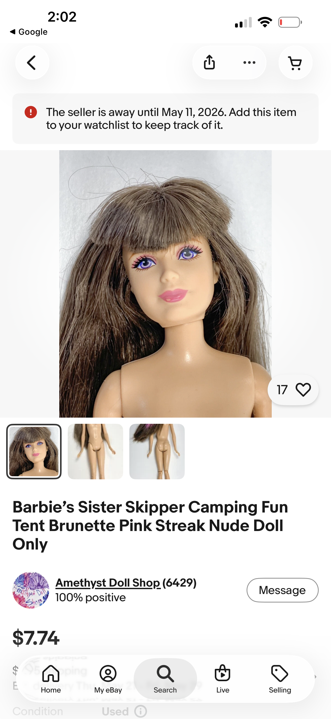 Barbie’s Sister Skipper Camping Fun Tent Brunette Pink Streak Nude Doll Only