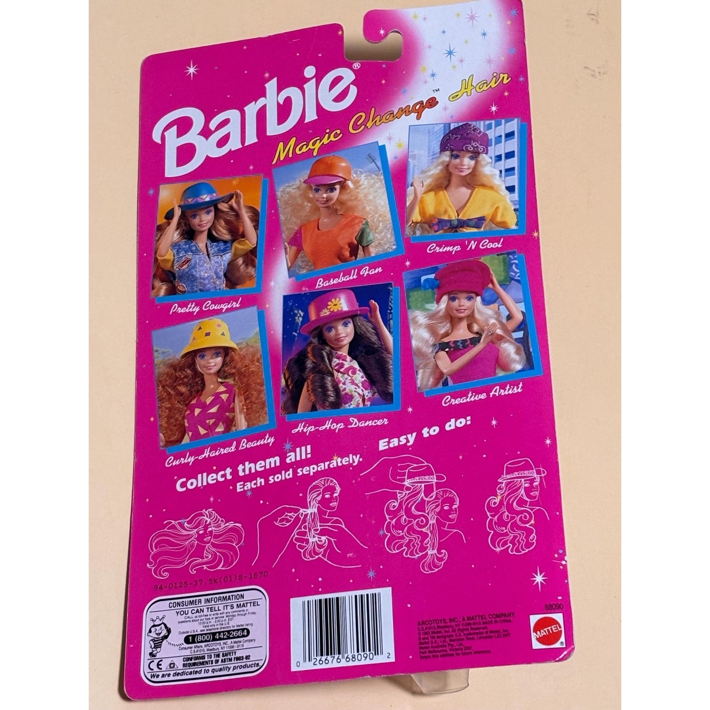 Vintage Mattel Barbie Magic Change Hair Baseball Fan 68090 Curly Blonde Wig 1993