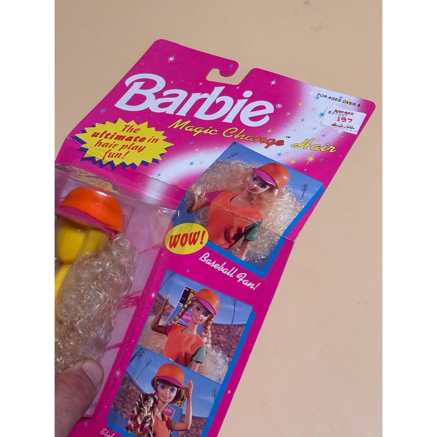 Vintage Mattel Barbie Magic Change Hair Baseball Fan 68090 Curly Blonde Wig 1993