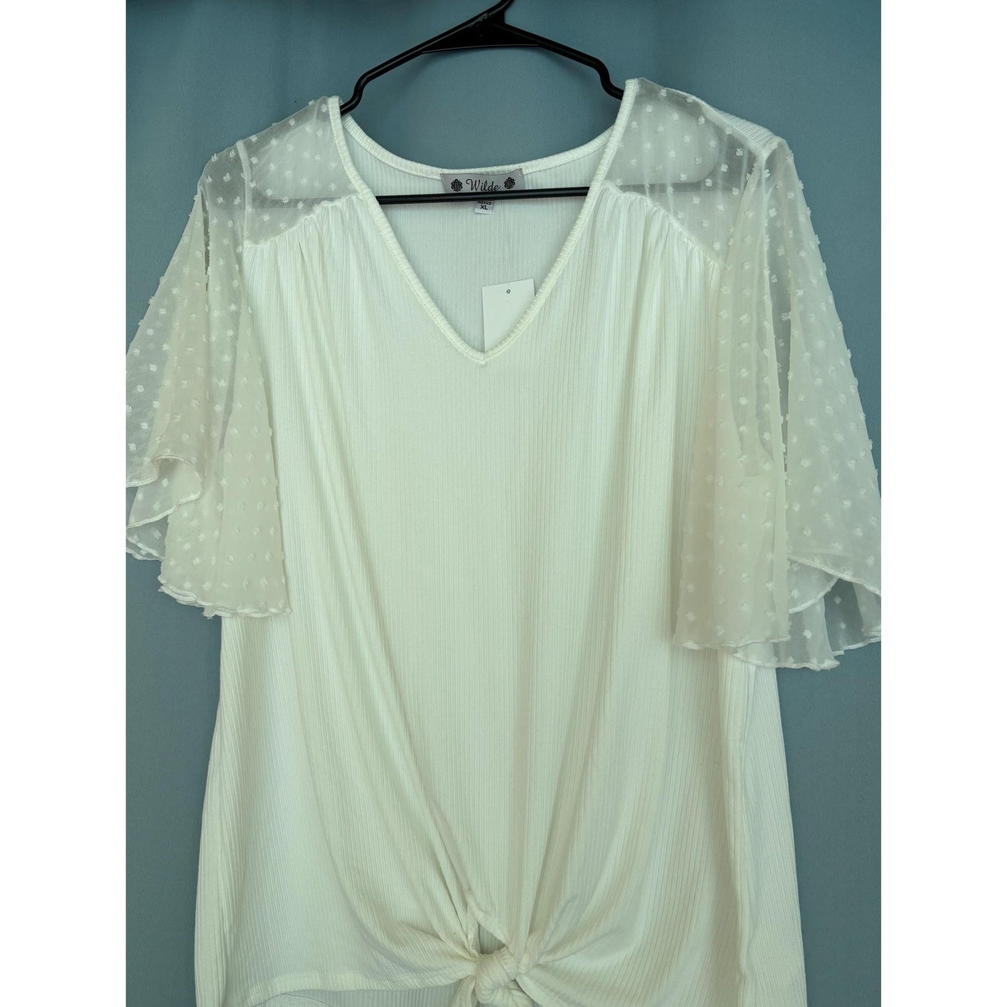 Wilde White Womans Ribbed Knit Poly Spandex Lace Top Shirt XL NWT