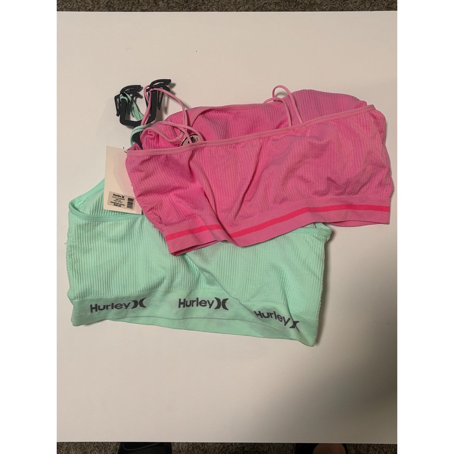 Hurley Women 2 Piece Sportwear Lightly Padded Sport Bra Pink Mint Green NWT XL