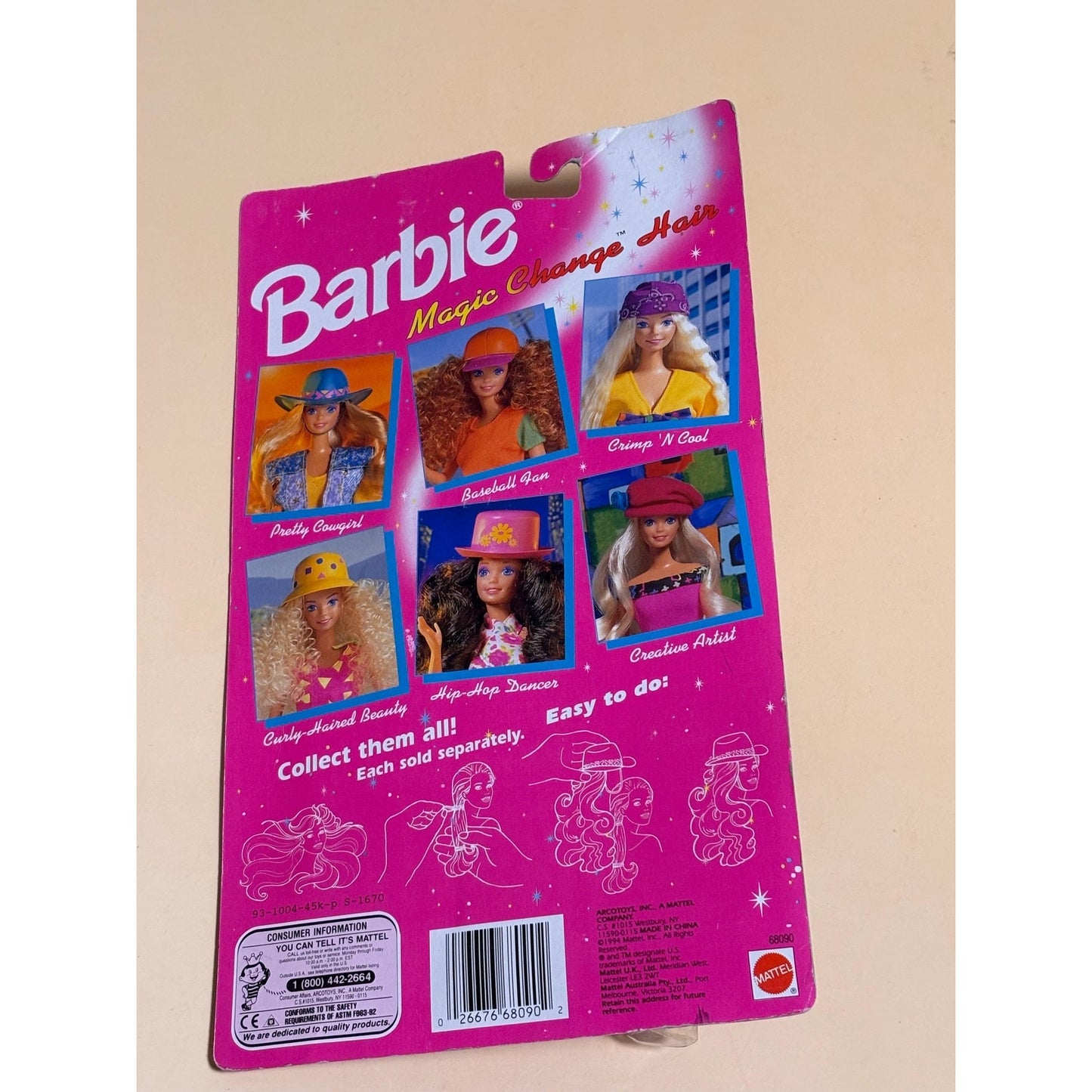 1993 Vintage Barbie Magic Change Hair Dancer Pink Hat Dark Brown Wavy Hair 68090