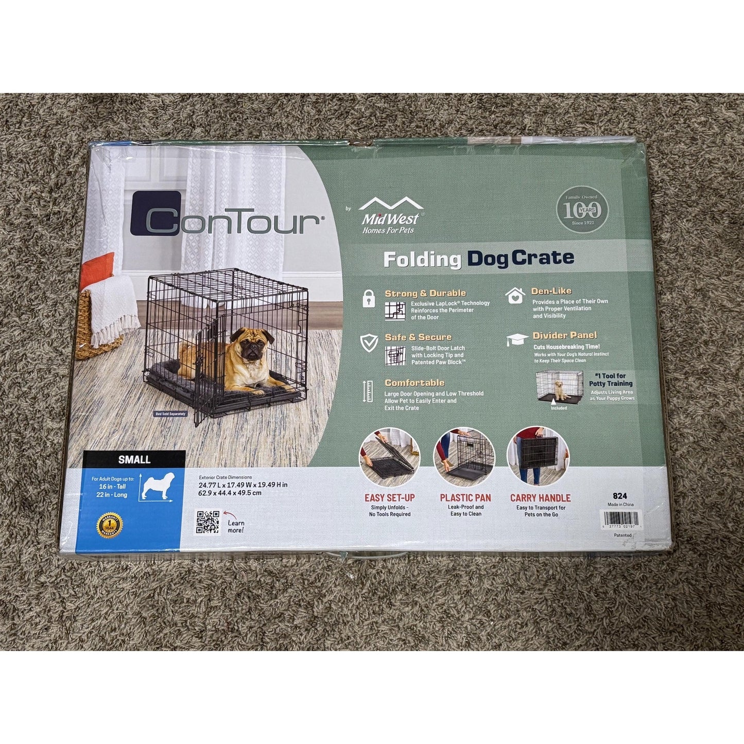 Contour 824 Satin Black Electro-Coat 1-Door Folding Dog Crate fits 16x22 dog