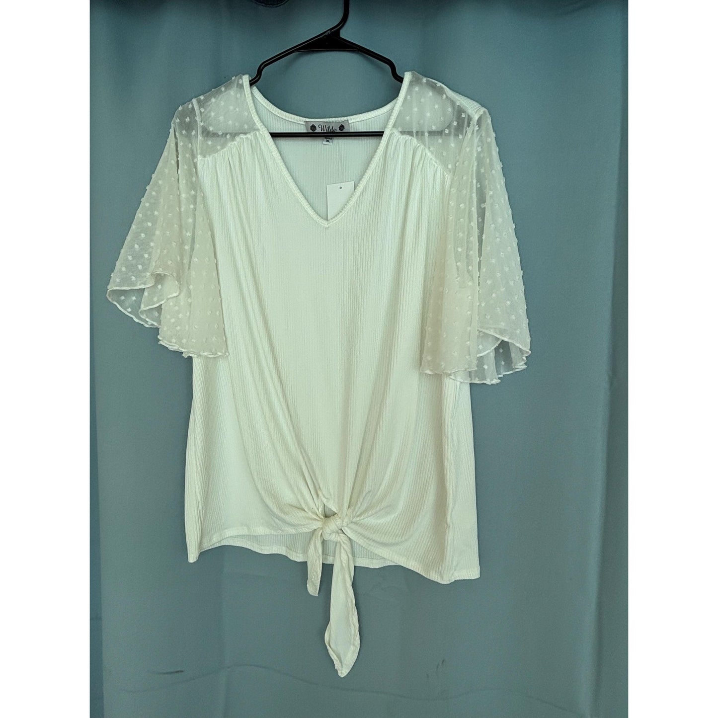 Wilde White Womans Ribbed Knit Poly Spandex Lace Top Shirt XL NWT