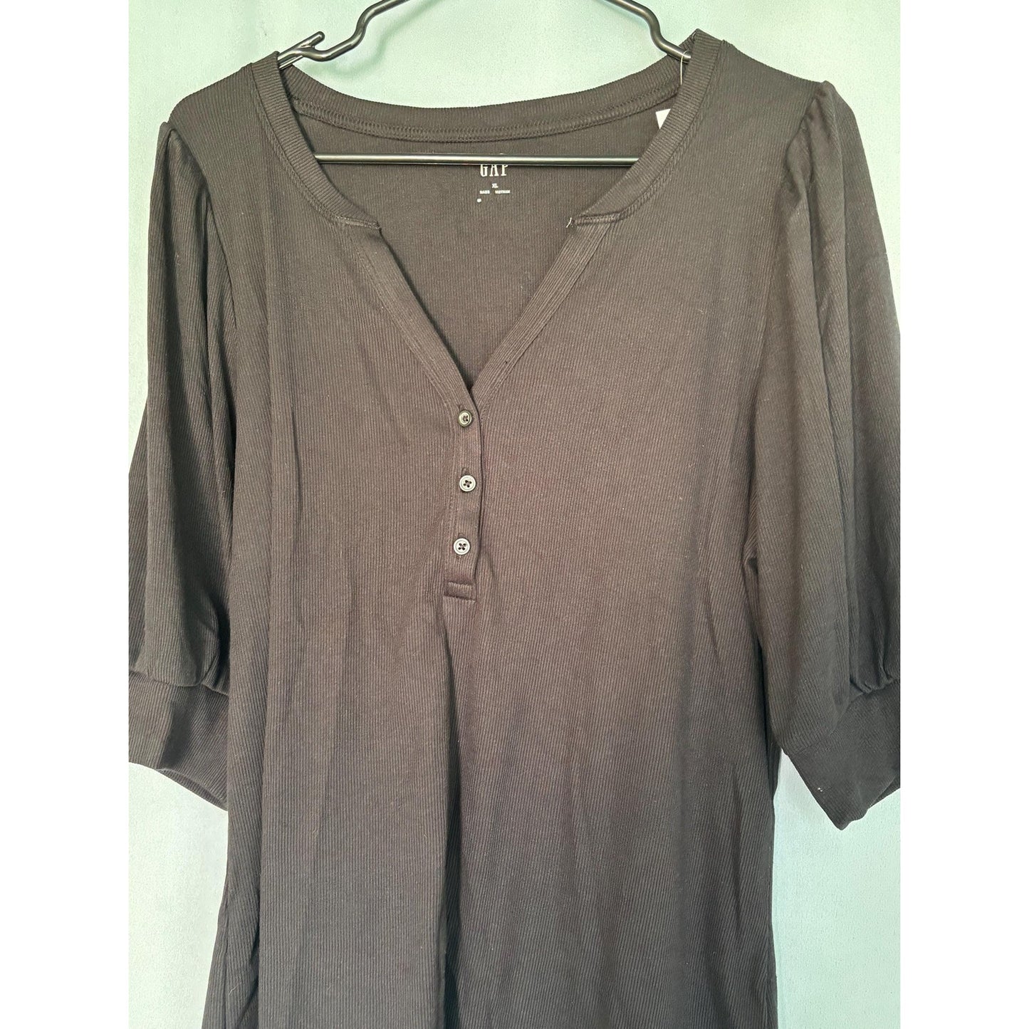 The Gap Fitted Henley Puff Sleeve Top Shirt Ribbed Black XL NWT