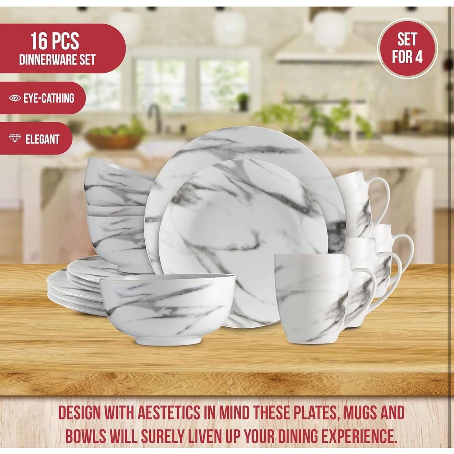 Safdie & Co. 16-Piece Coupe Dinnerware Set White Marble