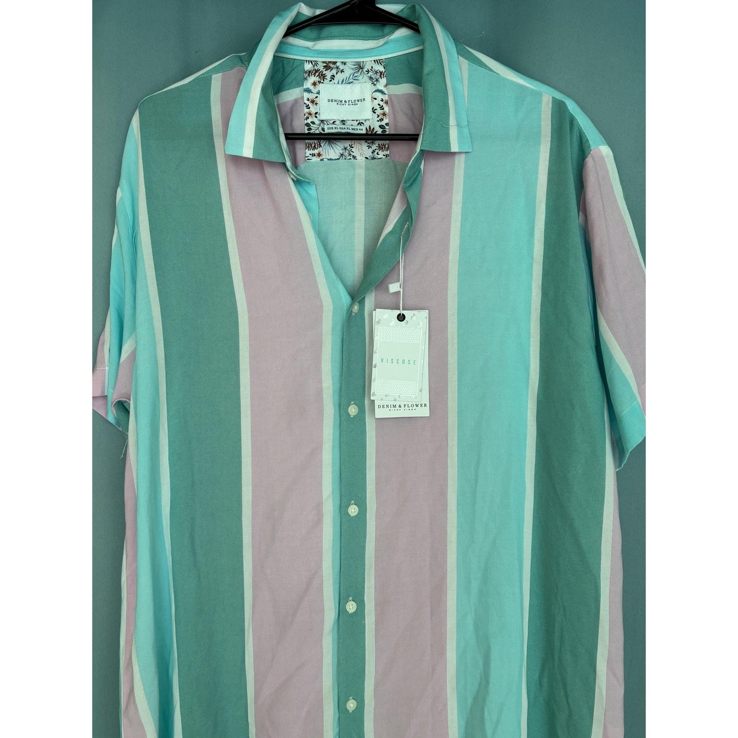 Denim & Flower Ricky Singh Top Womens Viscose Pink Blue Green Button-Up XL NWT