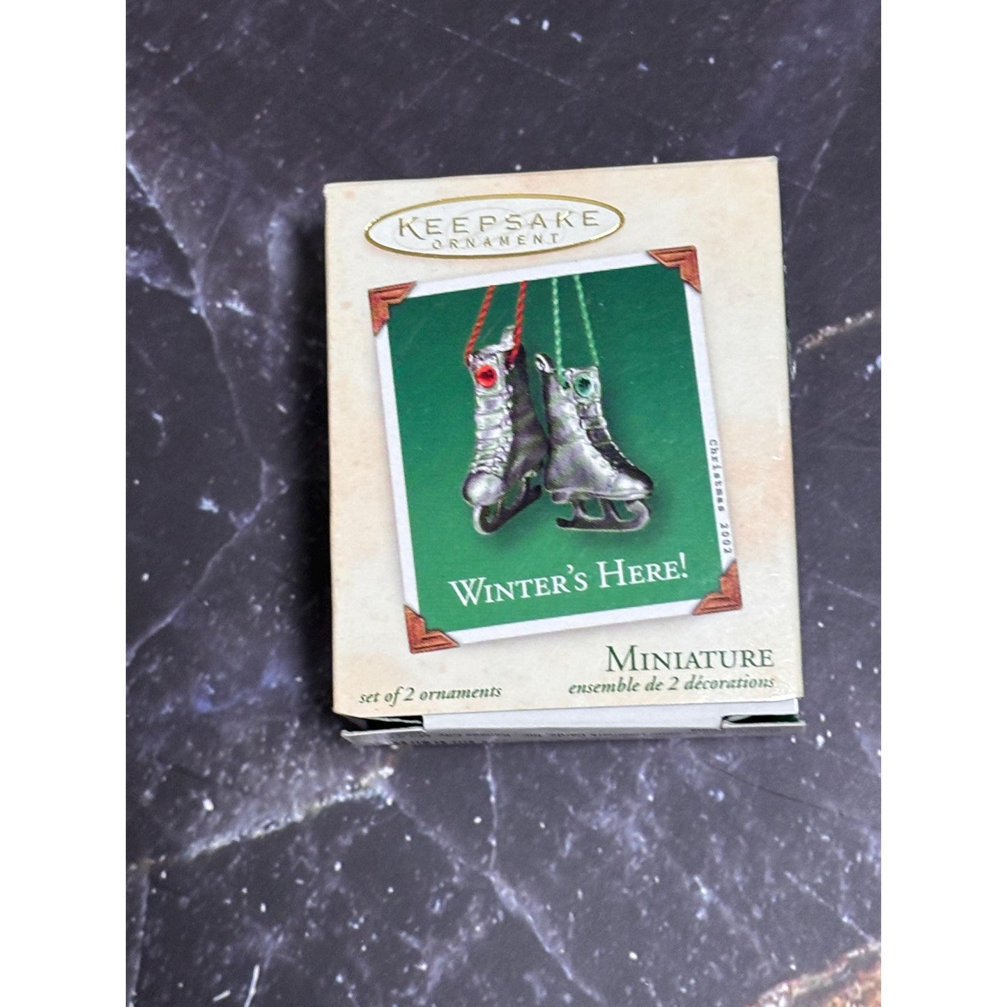 Hallmark Keepsake Winter's Here! Set of 2 Miniature Skate Ornaments 2002 Pewter