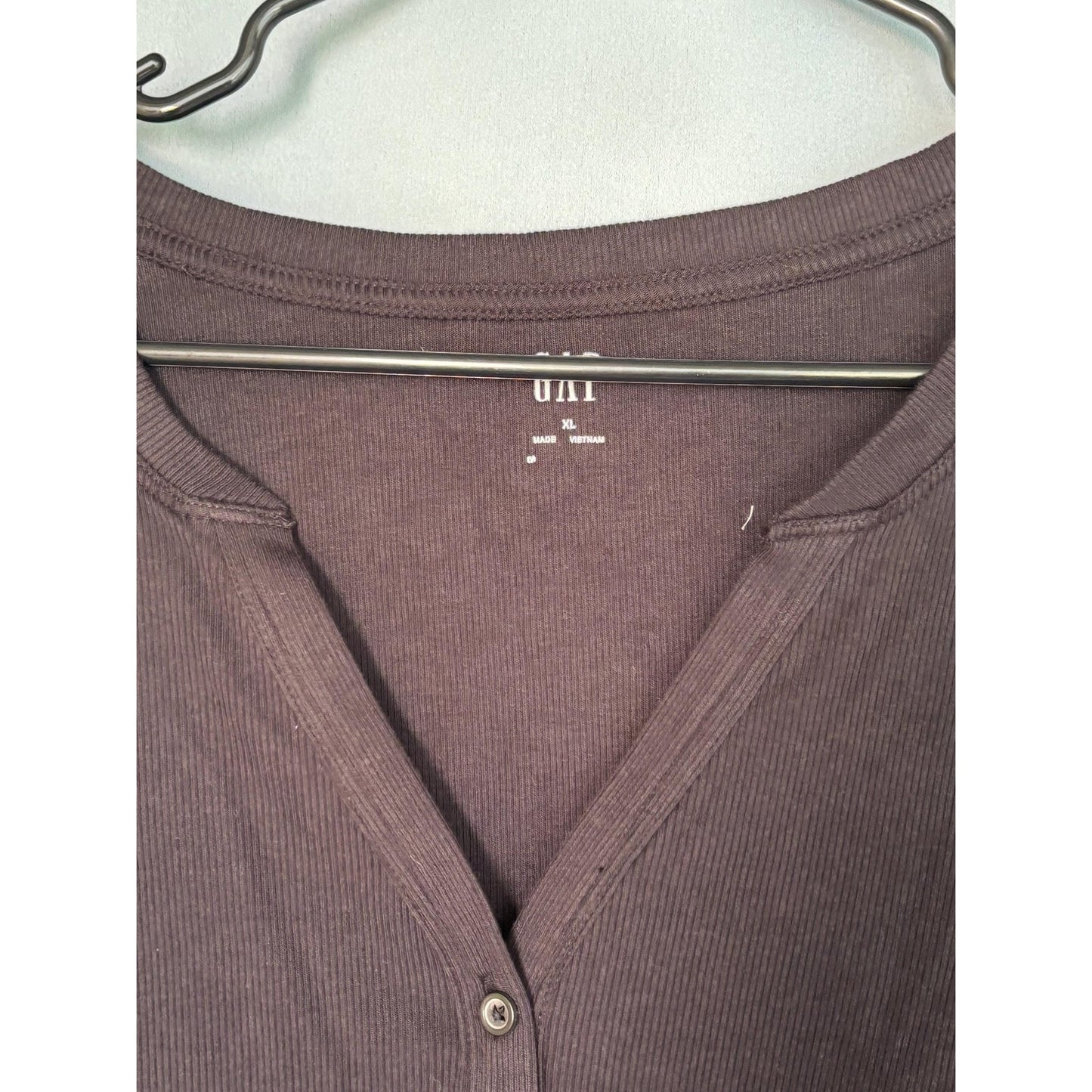 The Gap Fitted Henley Puff Sleeve Top Shirt Ribbed Black XL NWT