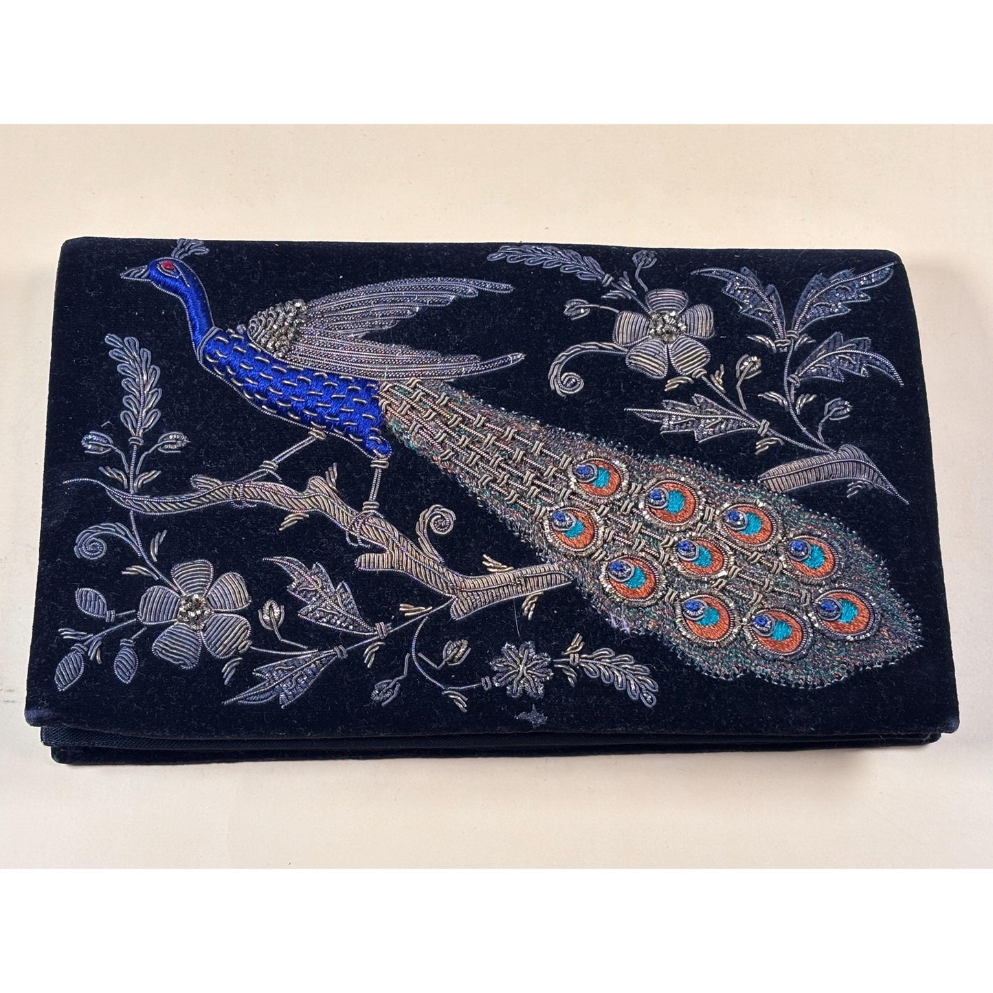 Vintage Zardozi Evening Purse-Late Deco Zardozi Embroidered Peacock Clutch Bag
