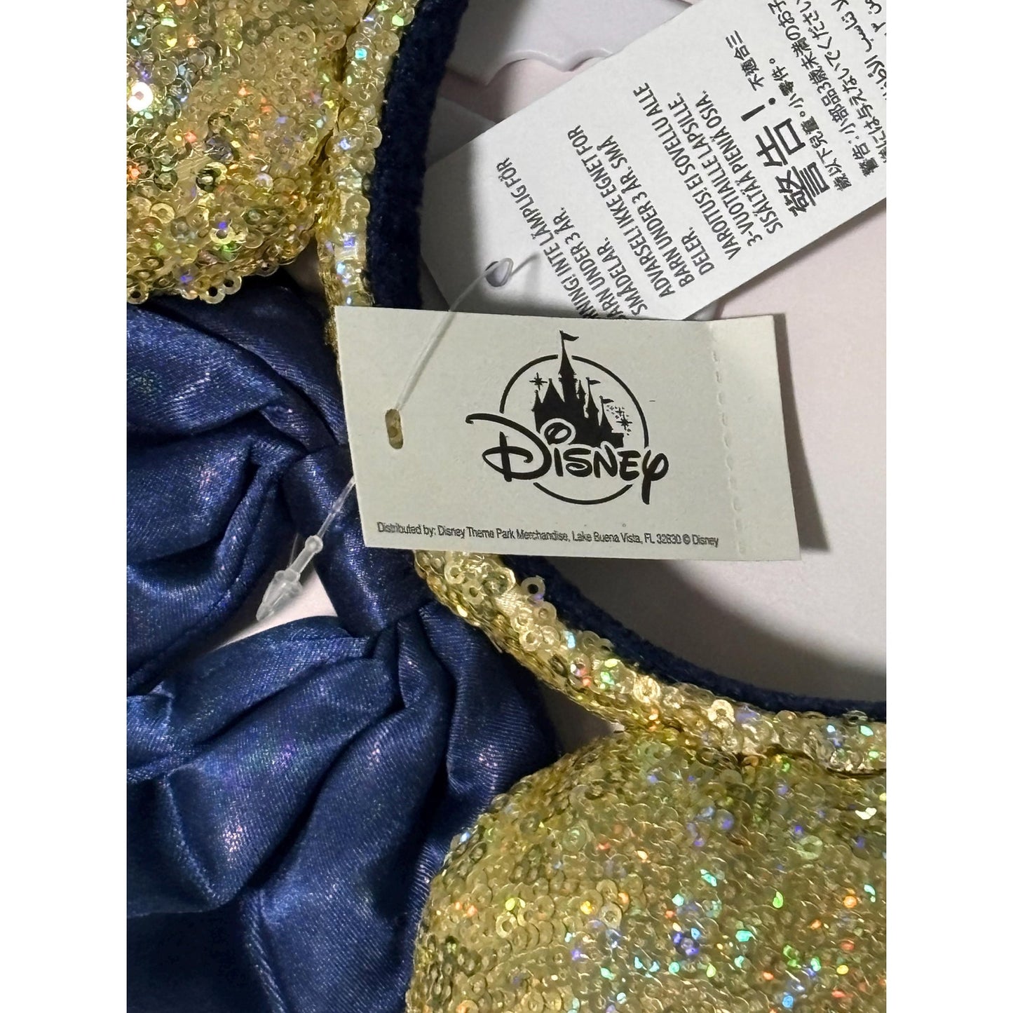 Disney Parks WDW 50th Anniversary Gold Sequin Blue Bow Ears Headband 2022