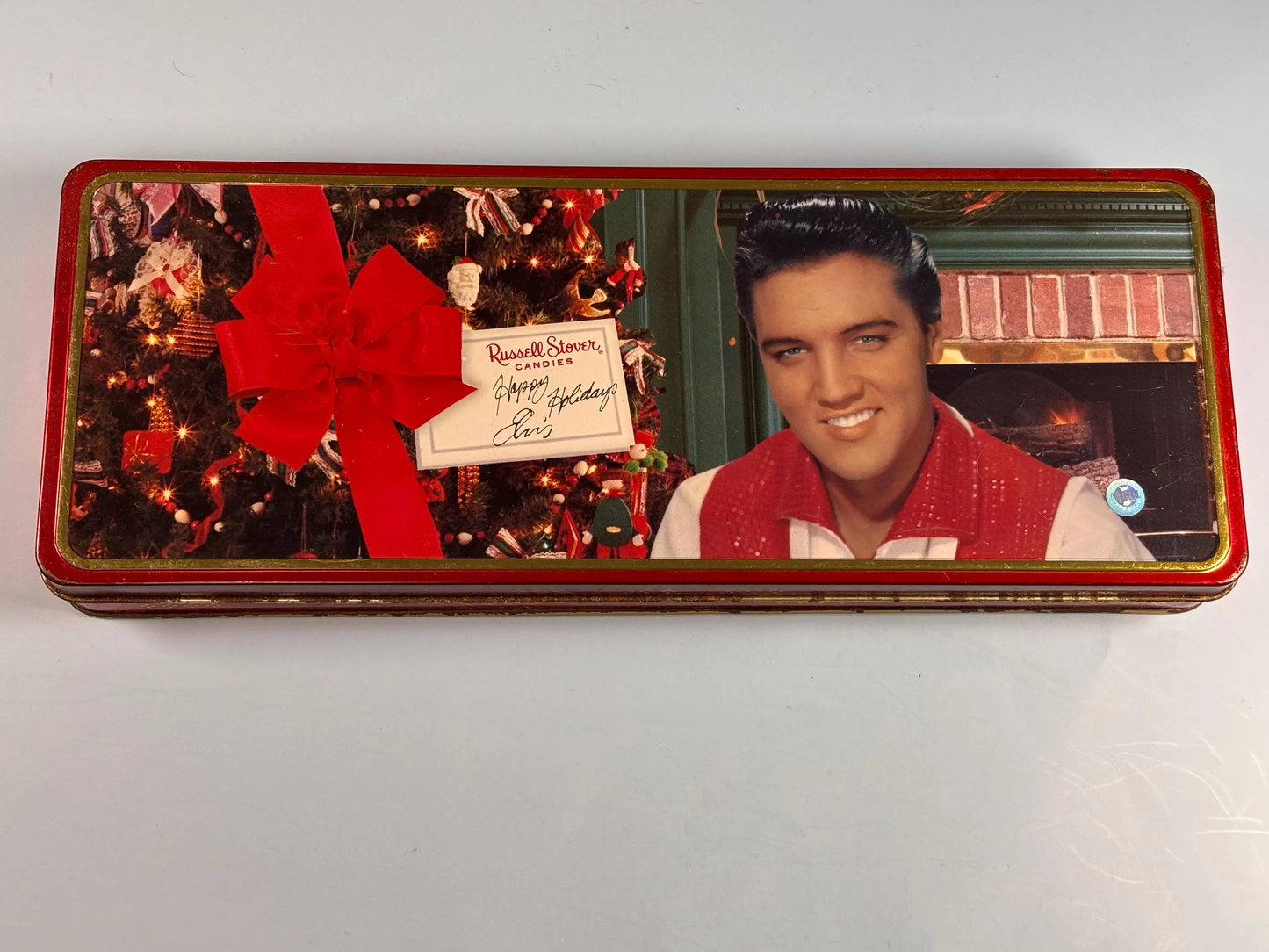 Elvis Presley Russell Stover Christmas Candy Tin Collectible Box 1997 Vintage 12x5”