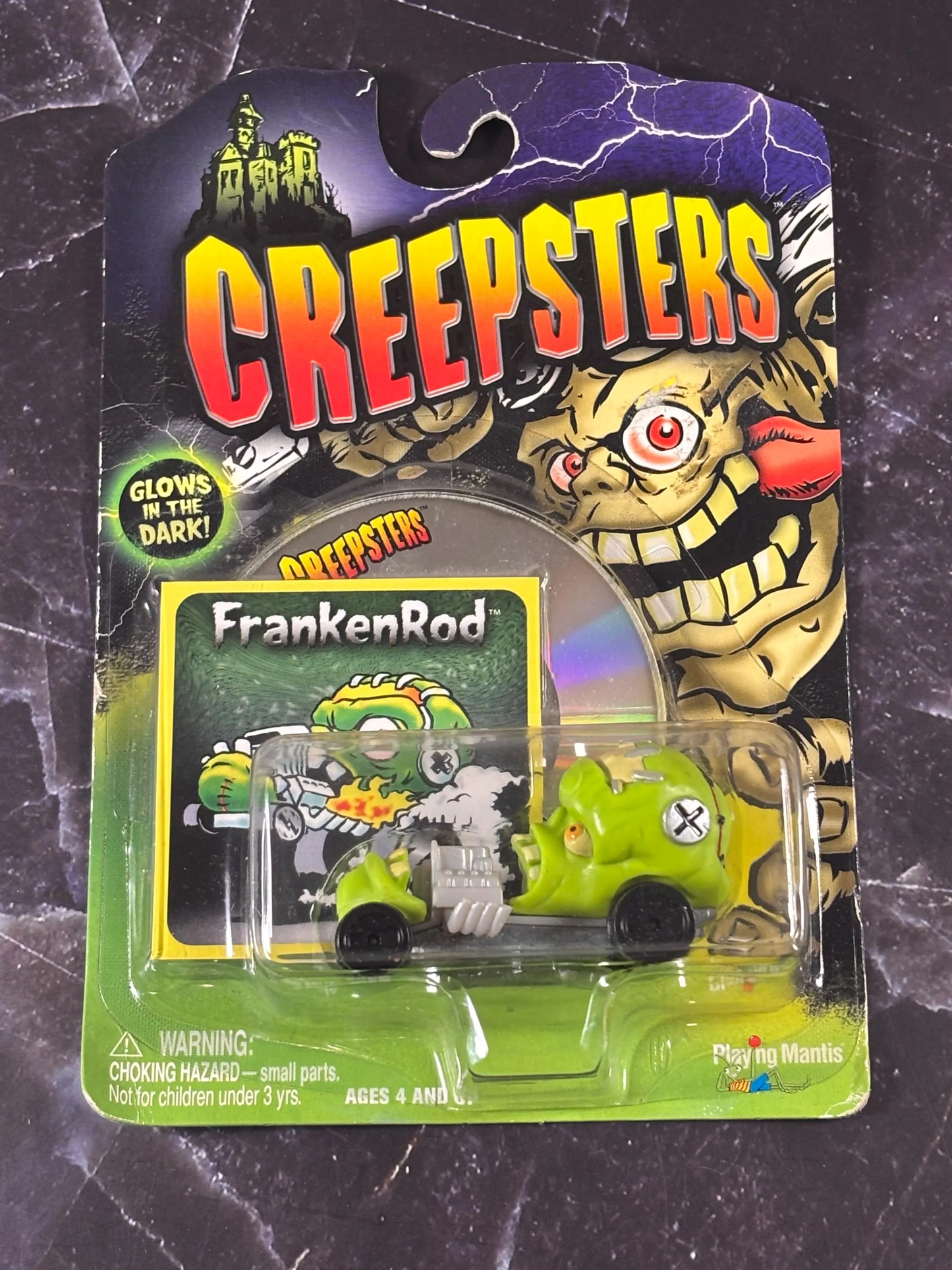 2004 Playing Mantis Creepsters Glows in the Dark Monster Head Die Cast Car New Evil FrankenRod