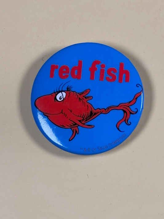 Vintage Dr Seuss Red Fish Button Pin 1.5” Pinback