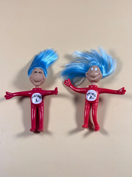 Lot of 2 Dr Suess Cat In The Hat Thing 1 & Thing 2 Bendy Posable Blue Hair 4”