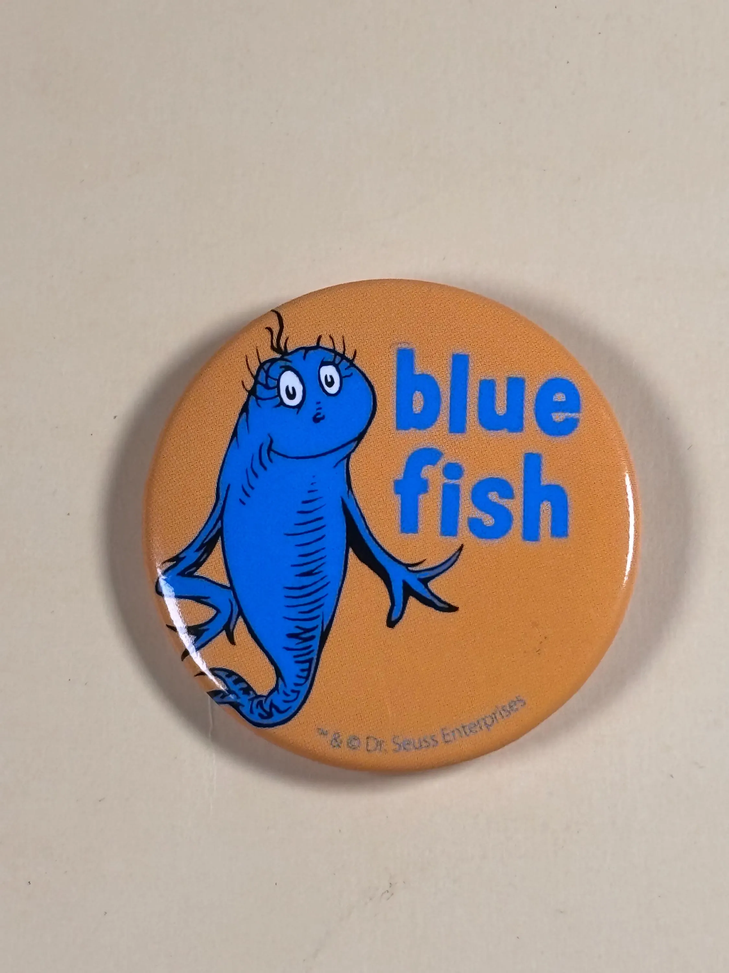 Vintage Dr Seuss Blue Fish Button Pin 1.5” Pinback