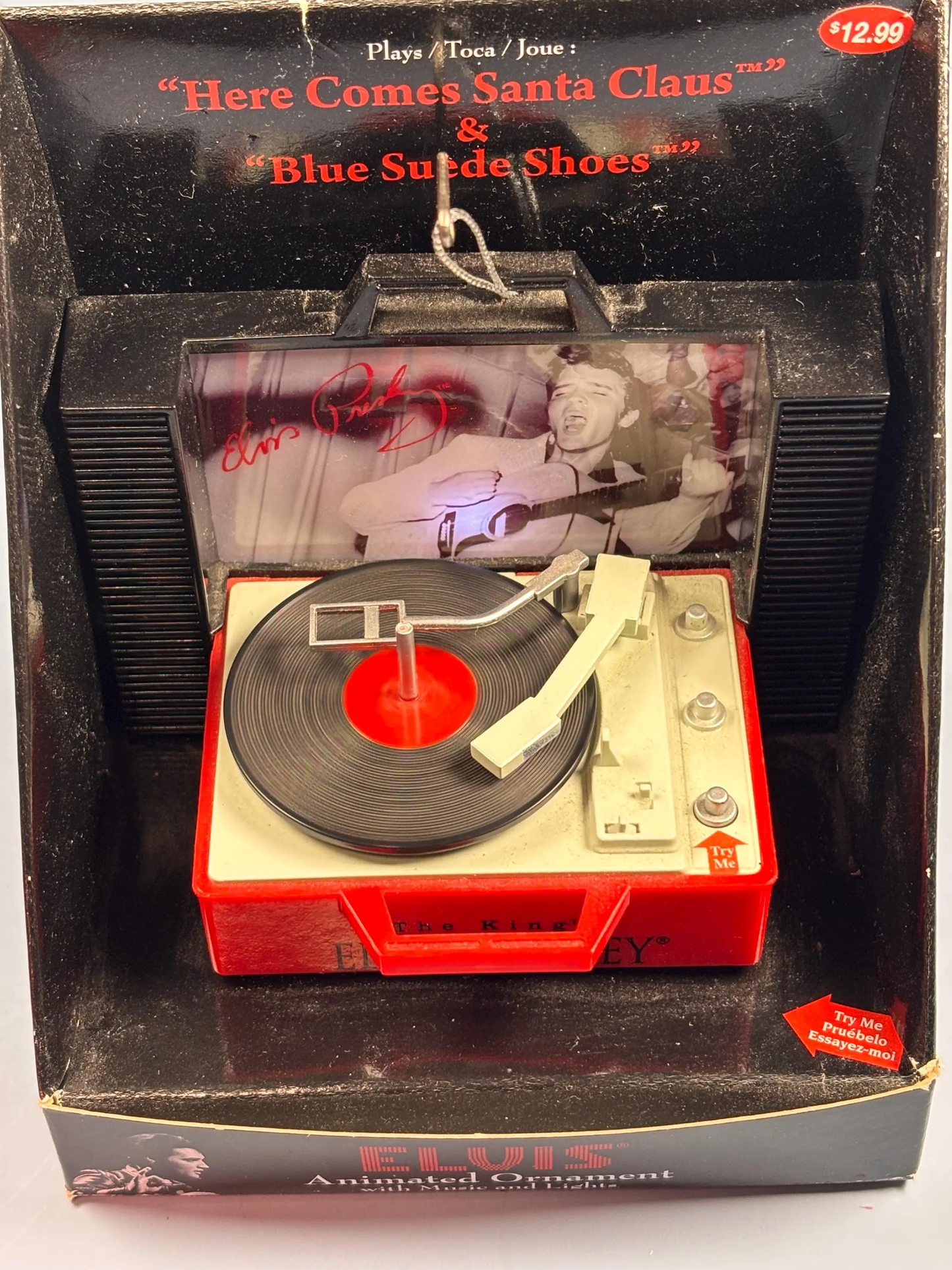 Elvis Presley Animated Christmas Ornament Record Player Music Lights 2013 New