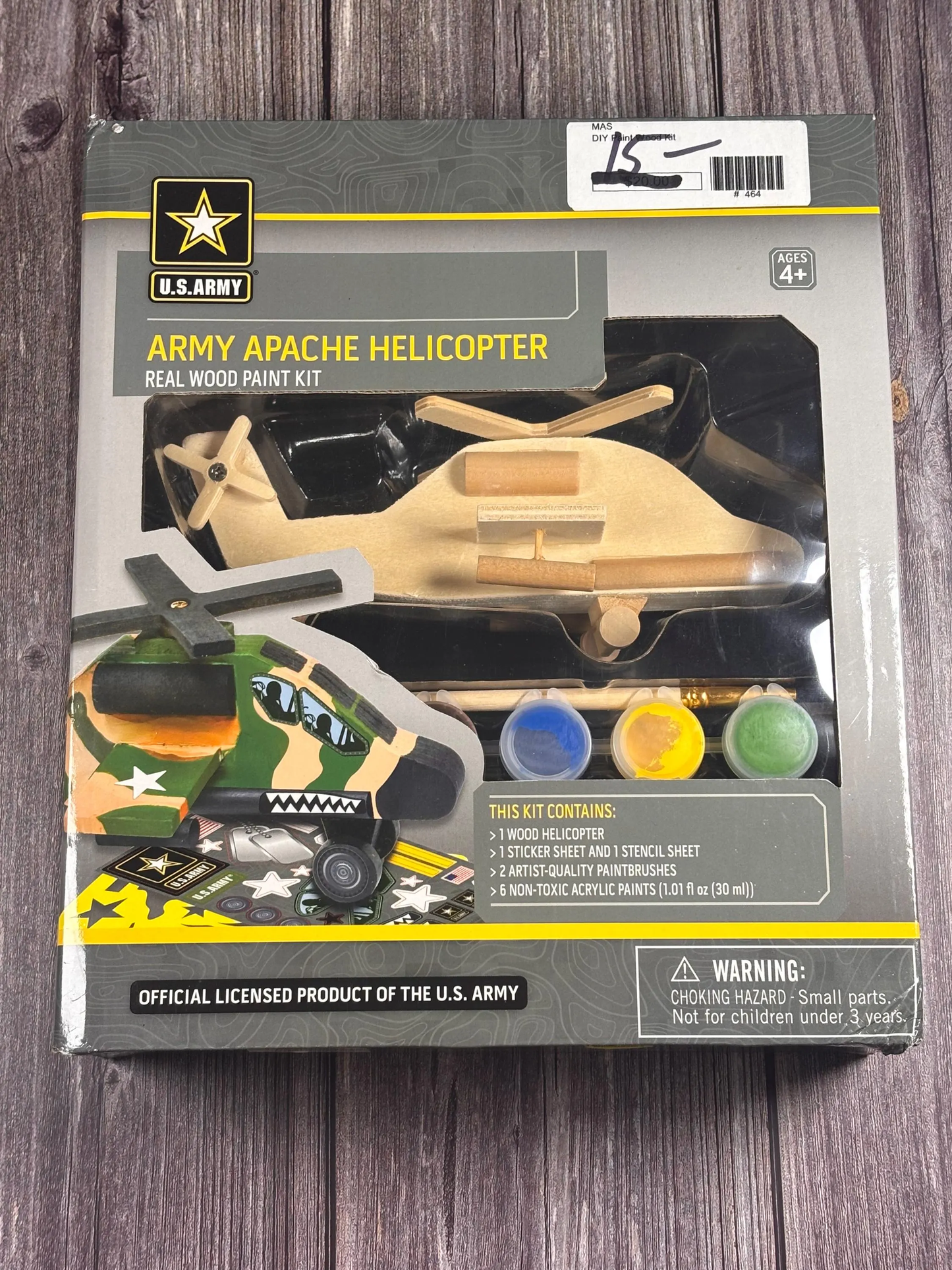 U.S. Army Apache Helicopter Wood Craft Paint Kit W/ Brushes Acrylic Paints Masterpiece New