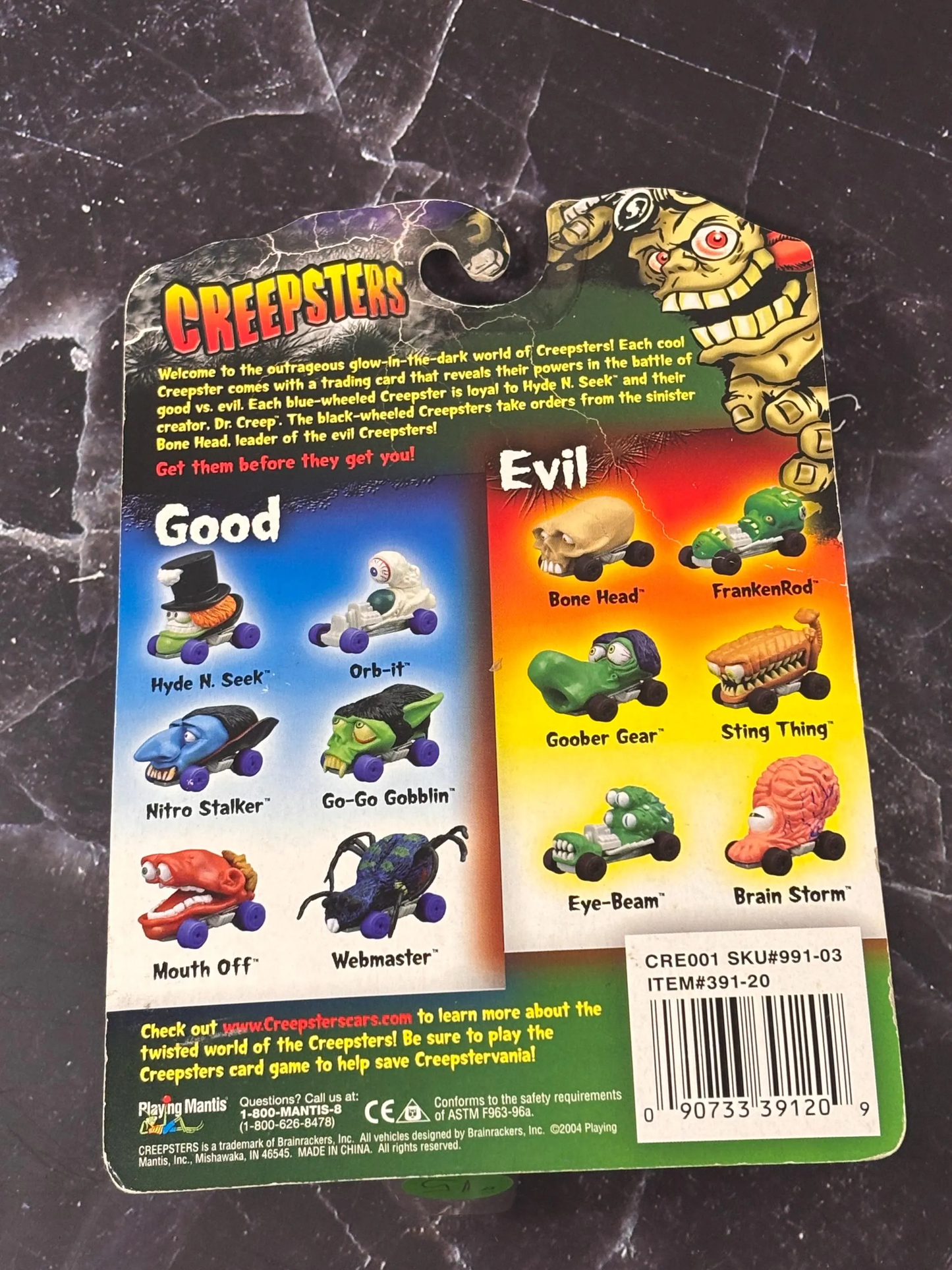 2004 Playing Mantis Creepsters Glows in the Dark Monster Head Die Cast Car New Evil Eye Beam