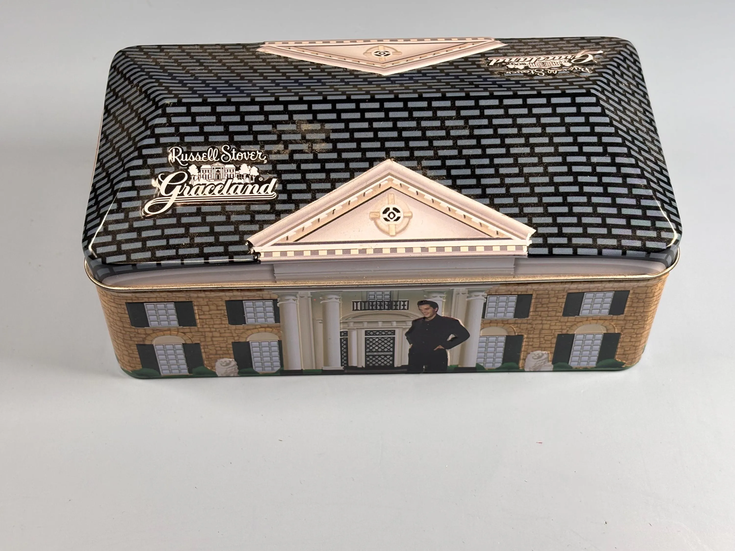 Vintage Russel Stover Graceland Elvis Presley Holiday Tin 7” Long X 4” T 2006
