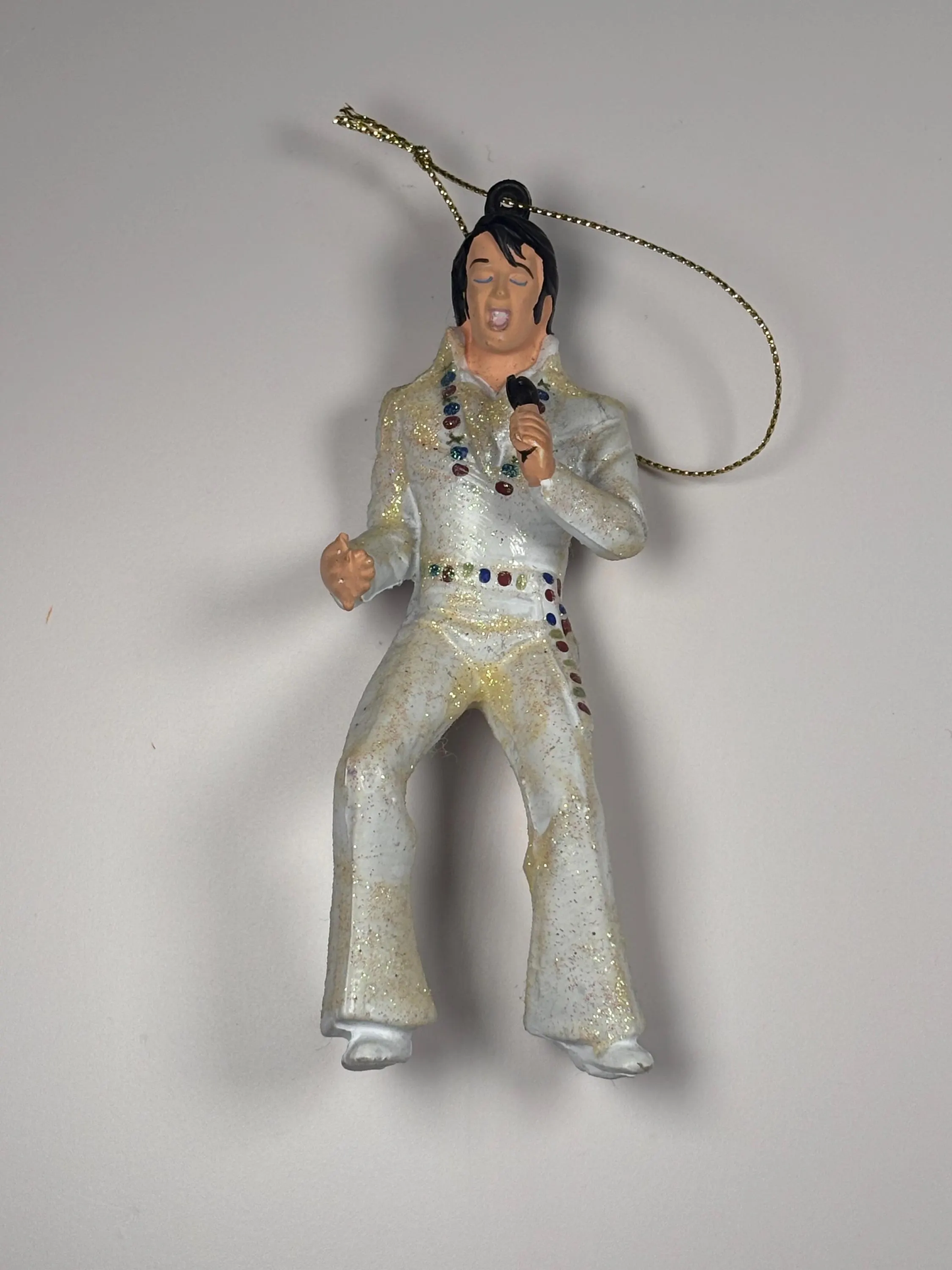 Kurt Adler, Elvis Presley glitter, white suit, microphone Christmas ornament 5"