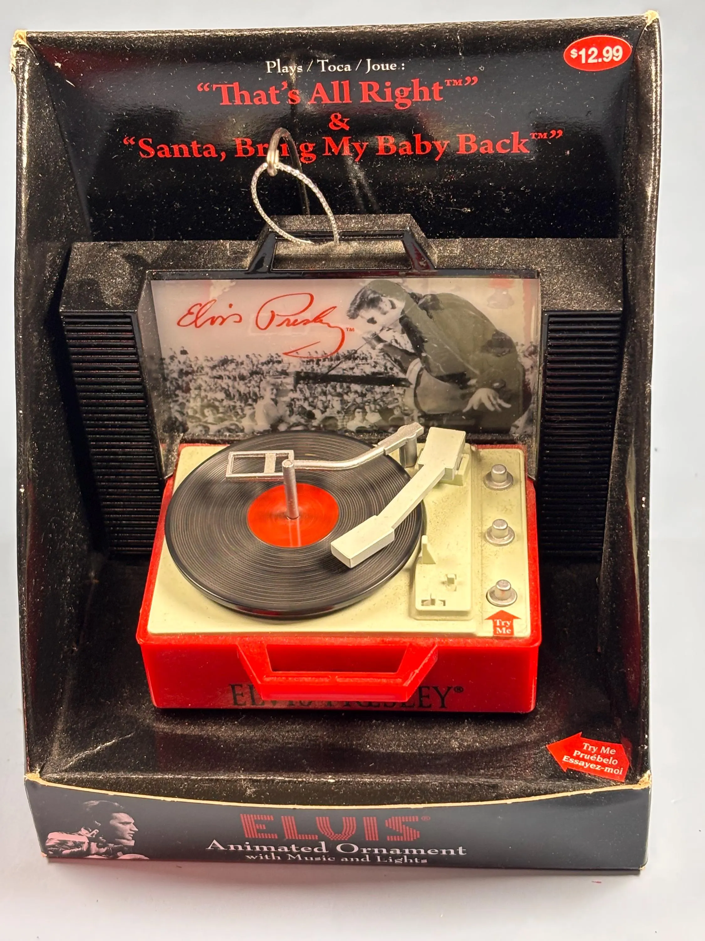 Elvis Presley Animated Christmas Ornament Record Player Music Lights 2013 New