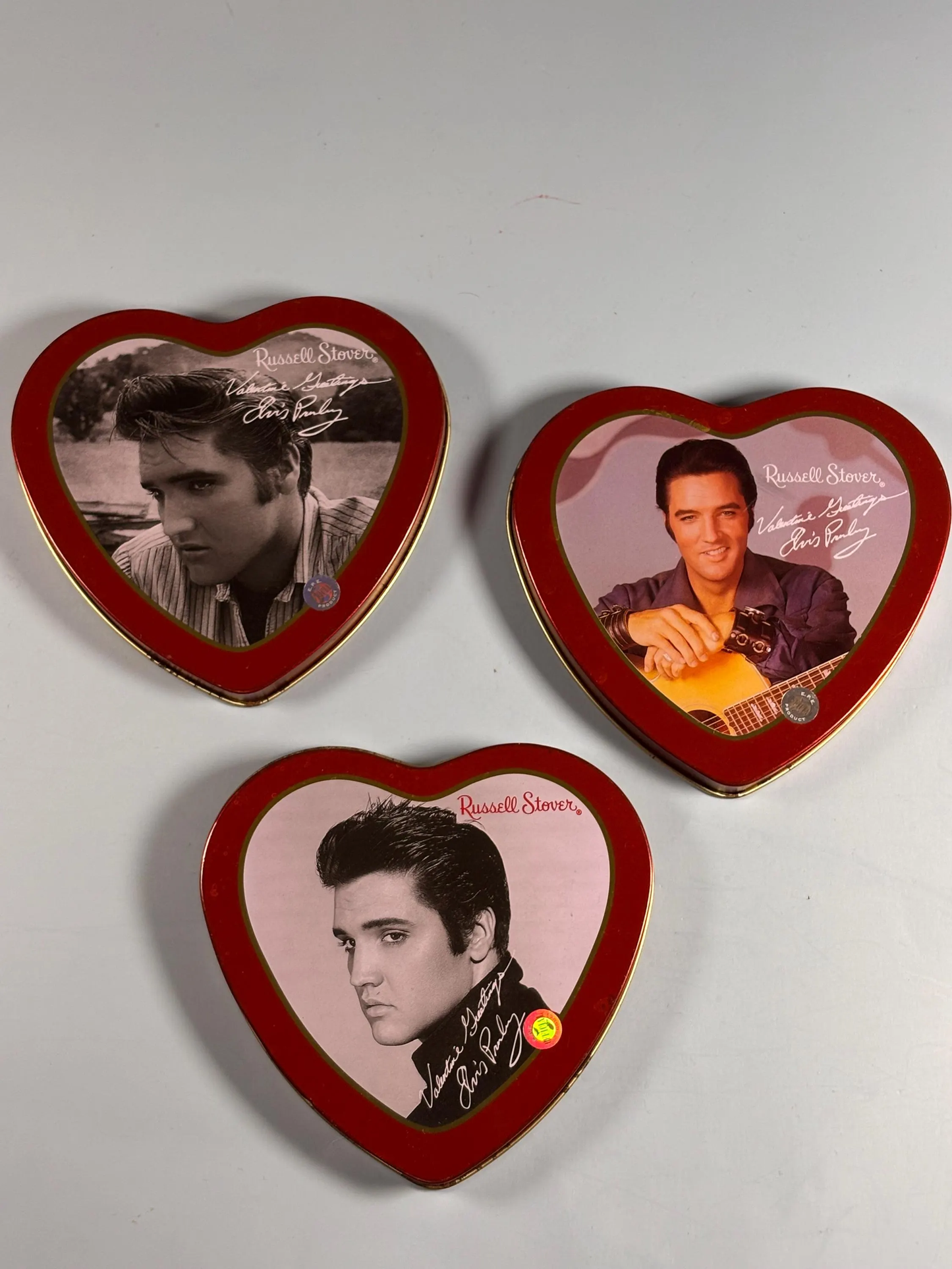 Lot of 3 Elvis Presley Russell Stover Christmas Candy Tin Vintage Heart Shaped