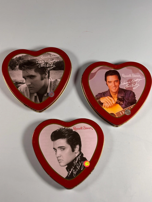 Lot of 3 Elvis Presley Russell Stover Christmas Candy Tin Vintage Heart Shaped